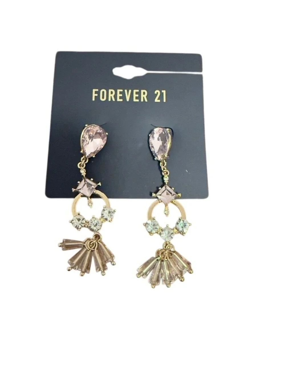 Forever 21 Statement Drop Earrings Pink Gem Gold Tone Dangle Chandelier